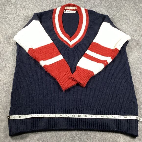 Zara Oversized V Neck Collegiate Preppy Knit Sweater Navy Red White Size Small - Picture 6 of 15